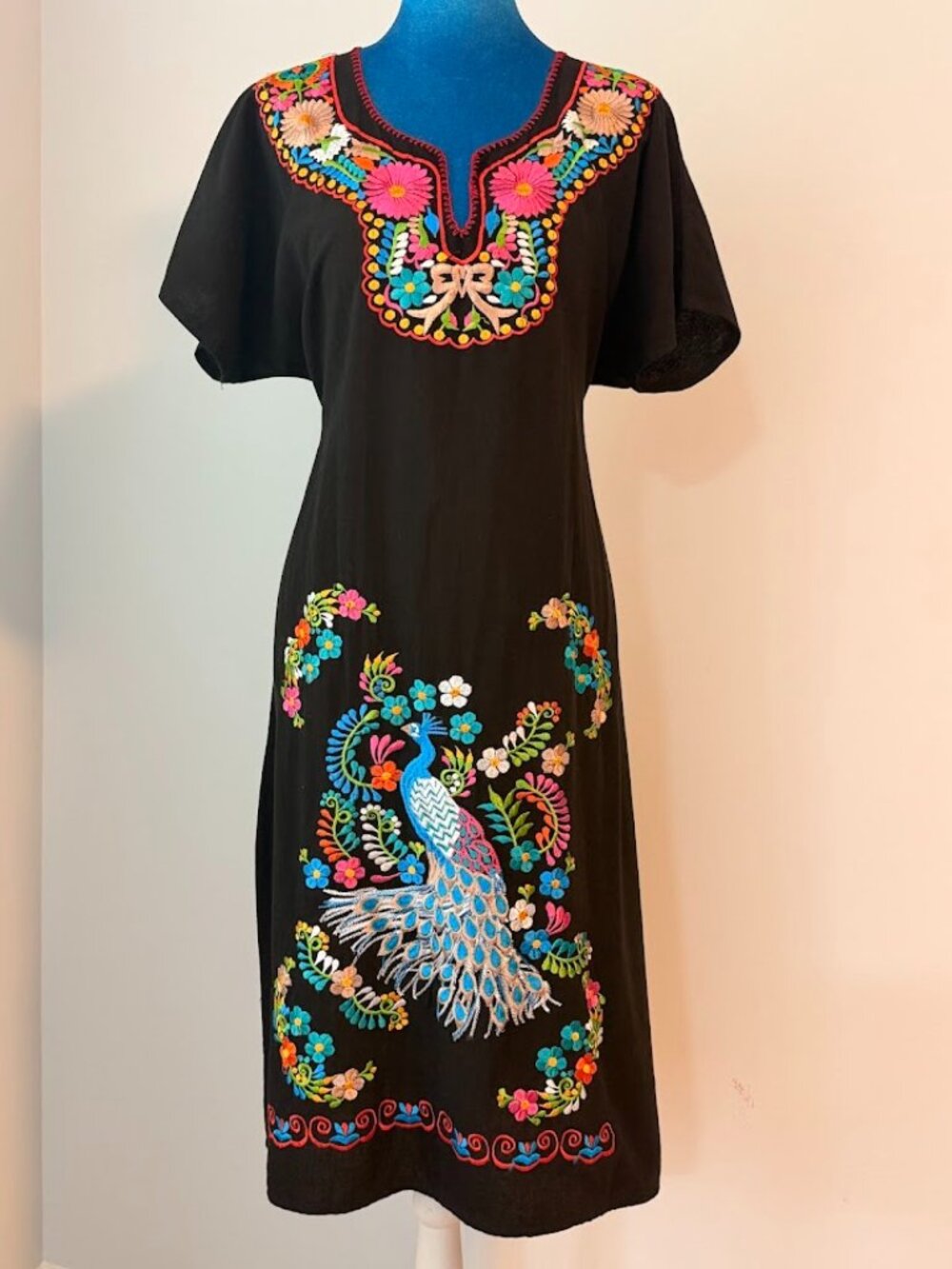 Black Embroidered Peacock Midi Dress Multicolor Cotton